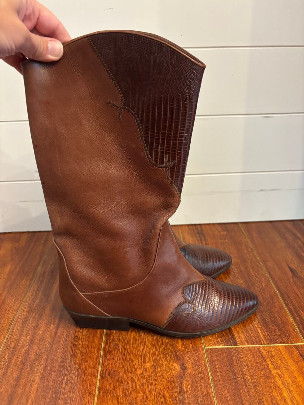 Vintage 90s Nine West Western Boots Brown Snakeskin Leather Sz 9 Mid Calf